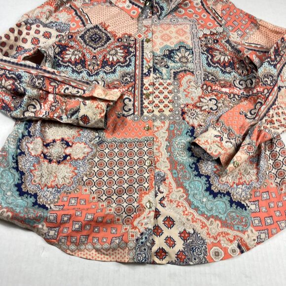Chico’s Boho Patchwork Print Non-Iron Shirt 2 L Long Sleeve Work Button Down Top - Picture 2 of 10